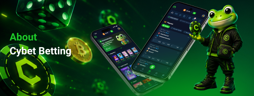 The frog mascot in front of the Cybet betting platform on mobile screens, explaining the betting offerings available on Cybet.