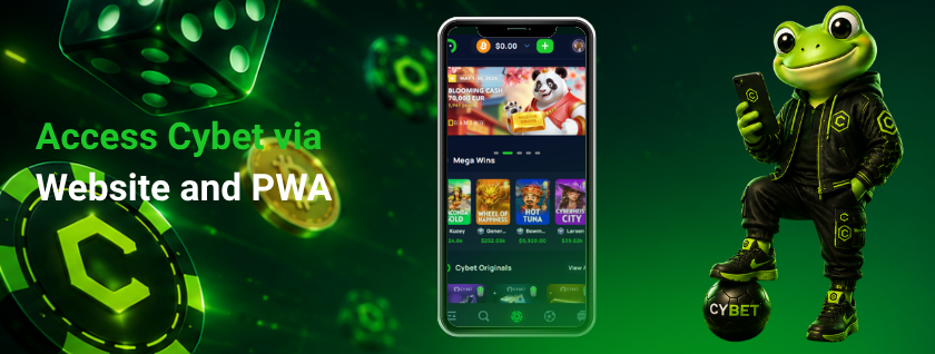 Access Cybet via Website and PWA, showing a mobile device and laptop interface, with a frog mascot on the side.