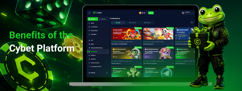 Cybet platform features shown on a laptop screen with the frog mascot holding a glowing block in front of it.
