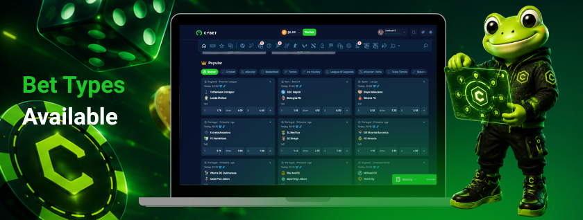 Cybet platform showing available bet types on a laptop screen with the frog mascot holding a glowing PWA block.