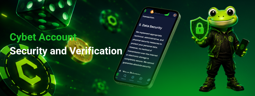 Cybet Account Security and Verification, showcasing the mobile app interface with a frog mascot and the data security section.