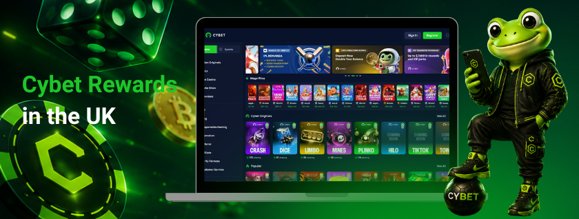 Casino Cybet rewards page tailored for UK players, displayed on a laptop screen with the frog mascot holding a ball with the Cybet logo.