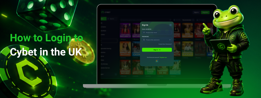 How to Login to Cybet crypto casino in the UK, displaying the login screen with a frog mascot on the side.