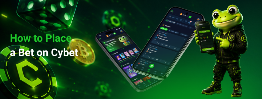 The frog mascot standing next to mobile screens showing how to place a bet on Cybet, with various betting options visible.