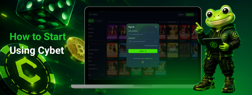 Cybet sign-in screen displayed on a laptop, with the frog mascot holding a tablet and guiding users to start.
