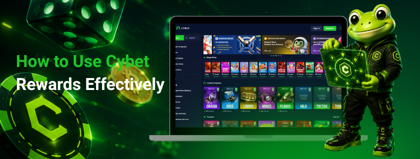 Cybet rewards page on a laptop screen with the frog mascot holding a glowing block, showcasing effective ways to use rewards.