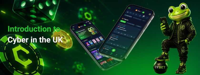 Cybet crypto casino platform interface displayed on a mobile device with the frog mascot in front, showcasing Cybet for UK users.
