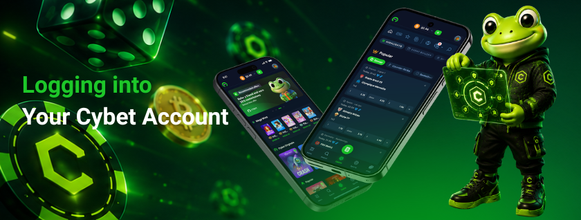 Logging into Your Cybet Account, showing the frog mascot with mobile and laptop views of the login interface.