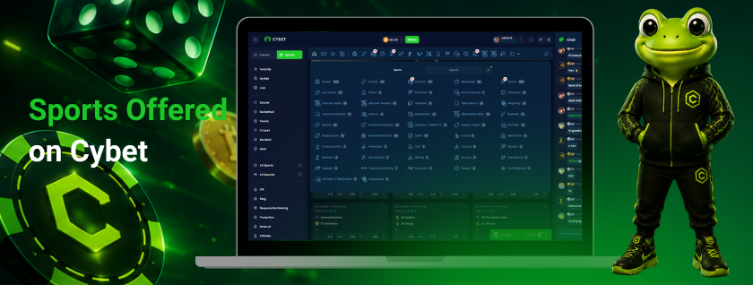 Cybet sports betting interface shown on a laptop, displaying various sports options with the frog mascot beside it.
