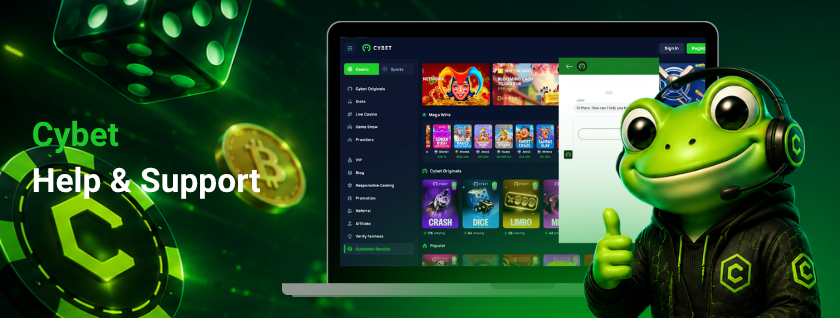 Cybet support chat interface displayed on a laptop screen with the frog mascot wearing a headset, ready to assist.