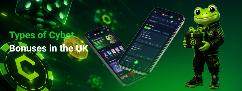 Cybet bonuses for UK players, with the frog mascot holding a gift box.