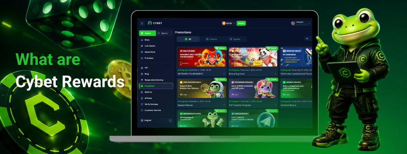 The Cybet rewards page showing detailed information on how rewards work, with the frog mascot holding a tablet.